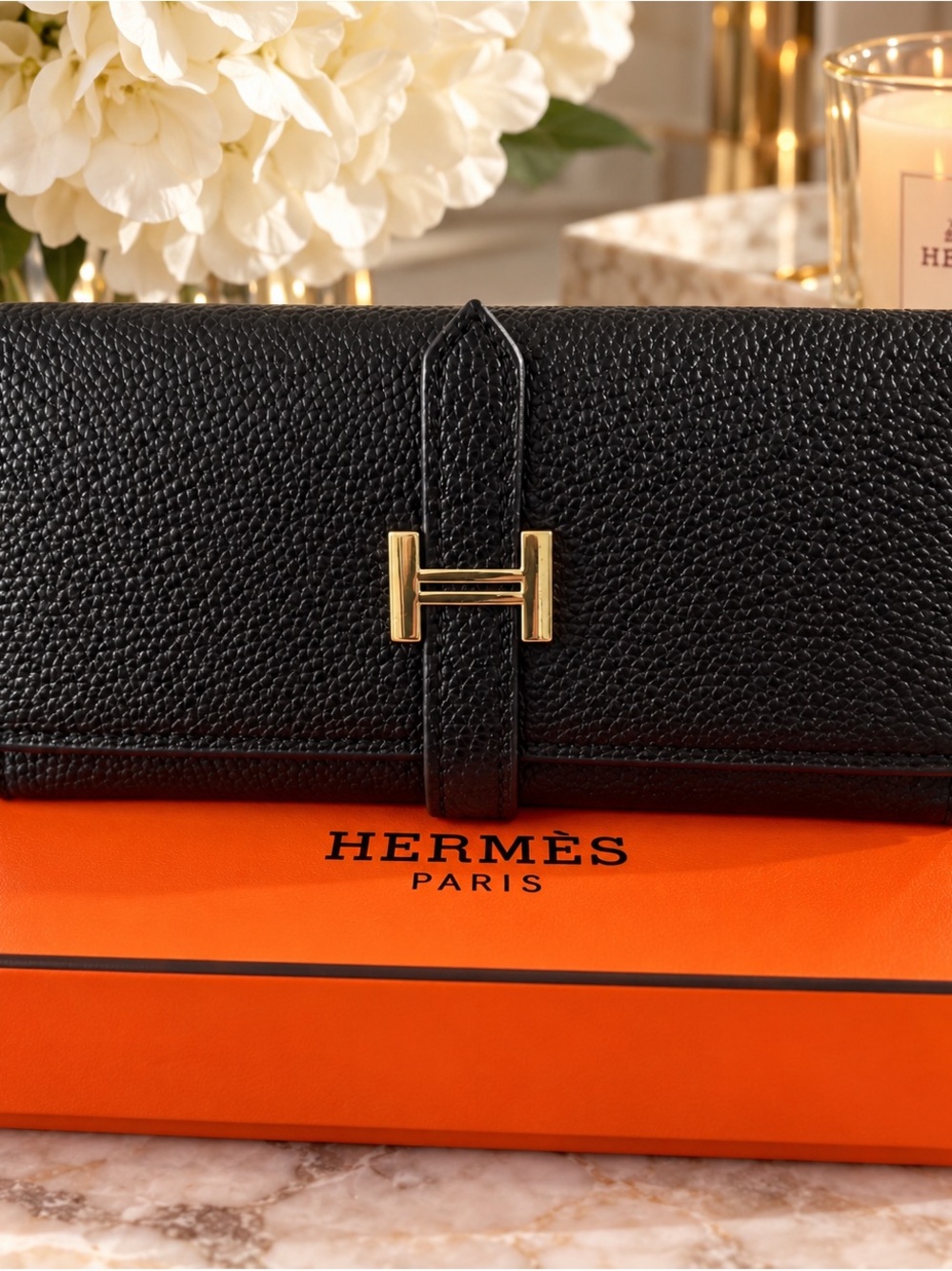 Black Grained Leather Wallet with Gold H Clasp